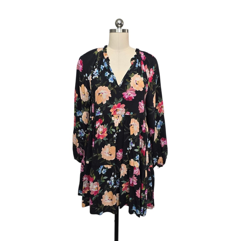 Yumi Kim Vicky Dress Coral Gables Floral Black Mini Tiered V-Neck Womens Size M‎